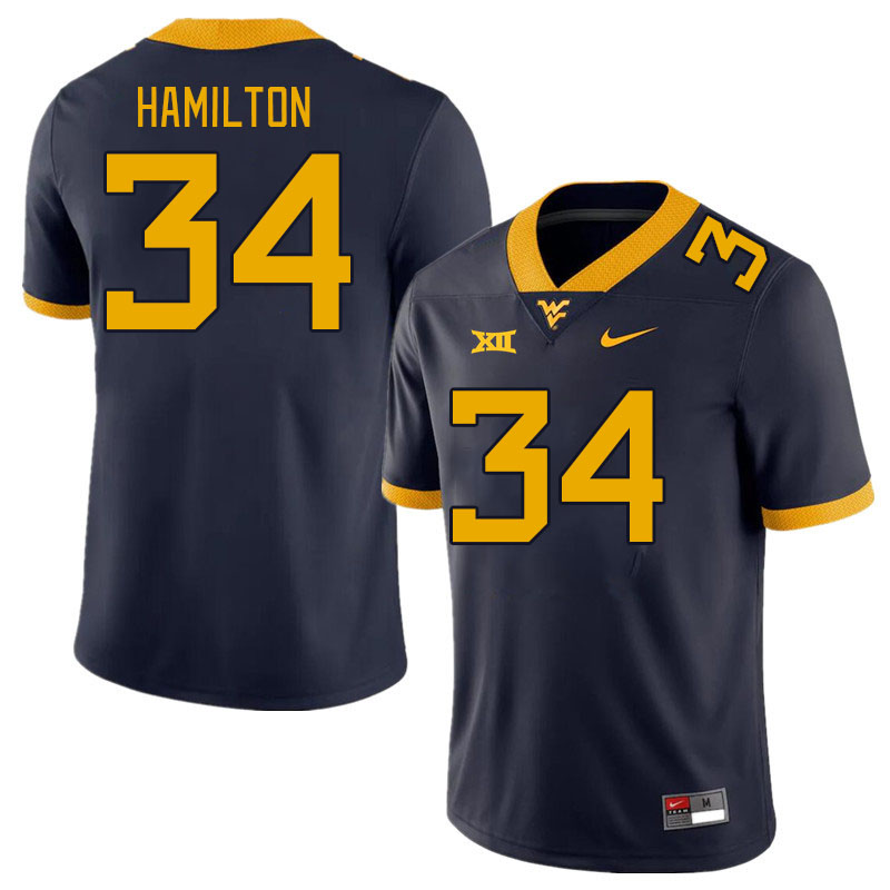 Men #34 Luke Hamilton West Virginia Mountaineers College Football Jerseys Stitched Sale-Navy